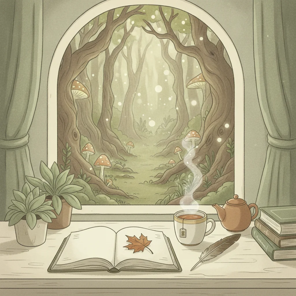 Cozy editorial desk with notebook and warm tea beside a forest window