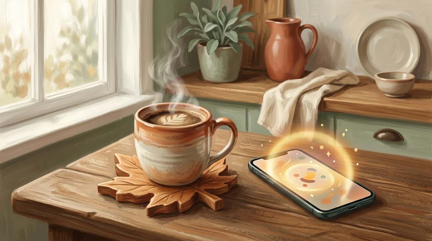 Morning coffee and phone on a kitchen table with soft window light