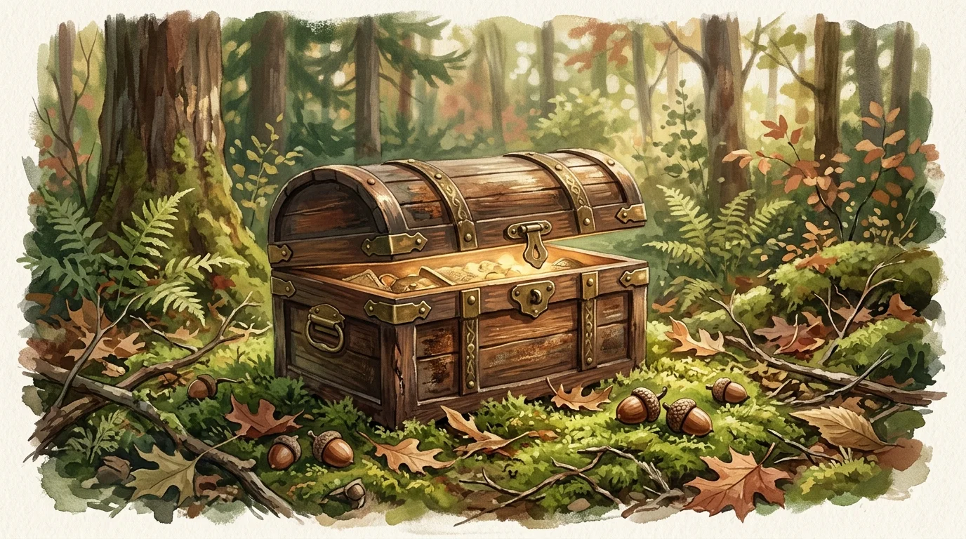 Painterly wooden treasure chest with golden light on a mossy Canadian forest floor