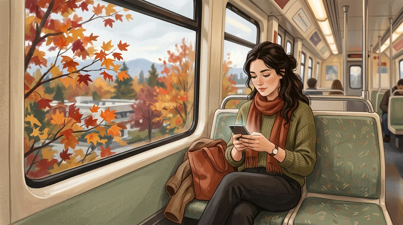 Person checking phone during a quiet moment on transit with autumn maple leaves outside