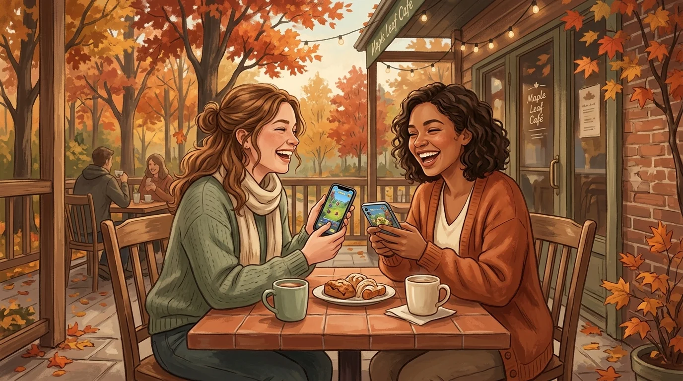 Two friends playing mobile games together on a cozy Canadian café patio