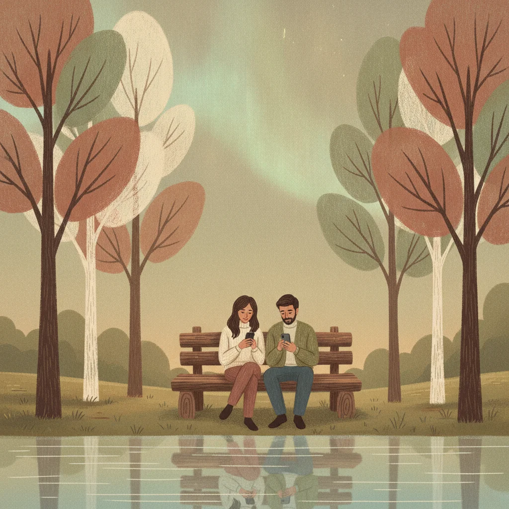Soft painterly Canadian lakeside scene with maple trees and people browsing phones on a bench